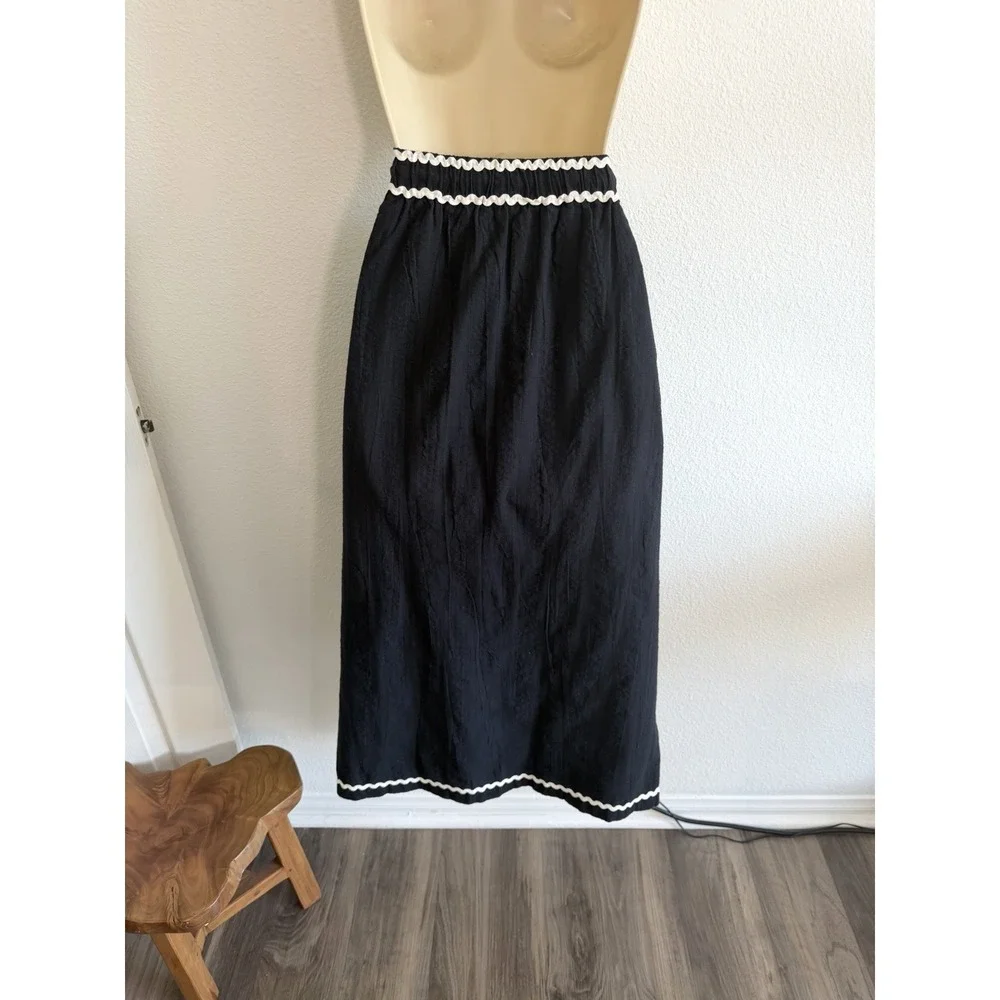 Free‎ People Penelope Midi Skirt Lg Black Contrasting Trim Pull On Travel Cotton